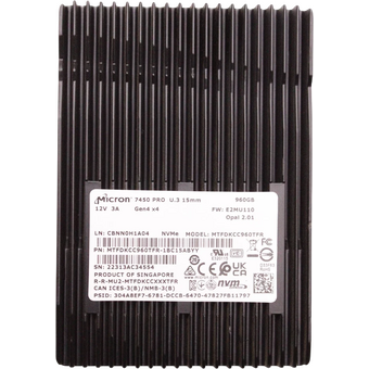  SSD Micron 7450 Pro (MTFDKCC960TFR-1BC15ABYY), 960GB, U.3(2.5" 15mm), NVMe, PCIe 4.0 x4, 3D TLC, R/W 6800/1400MB/s 