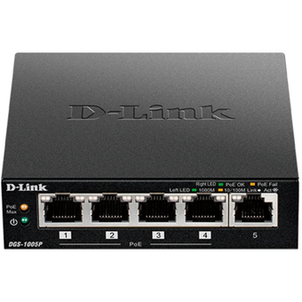  Неуправляемый коммутатор D-Link DGS-1005P/L ревизия A1 с 5 портами 10/100/1000Base-T 4 порта PoE 802.3af/at, PoE-бюджет 60Вт 