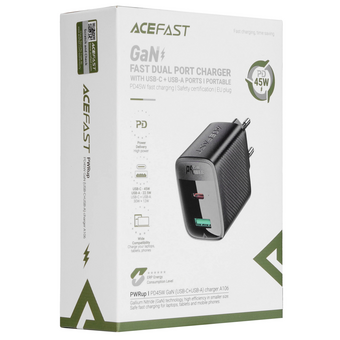  Зарядное устройство ACEFAST AF-A106-BK P45W Gan USB-C+USB-A Charger EU Black 
