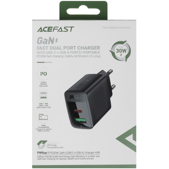  СЗУ ACEFAST A98 PD30W Gan USB-C+USB-A Charger EU Black 
