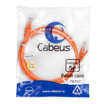  Патч-корд Cabeus PC-UTP-RJ45-Cat.5e-1m-OR неэкранированный, оранжевый 