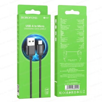  USB кабель BOROFONE BX87 Sharp MicroUSB, 2.4А, 1м, нейлон черный 