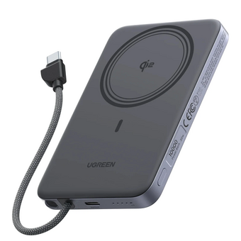  Внешний аккумулятор UGREEN PB570 (75982B) MagFlow Air Ultra-Slim 30W Magnetic 10000mAh Wireless Power Bank USB-C Cable серый космос 