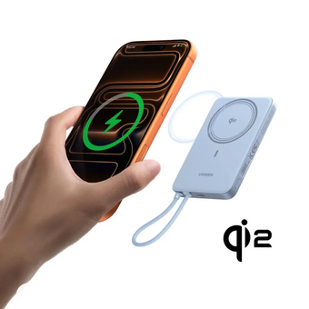  Внешний аккумулятор UGREEN PB570 (65839B) MagFlow Air Ultra-Slim 30W Magnetic 10000mAh Wireless Power Bank USB-C Cable серебристо-голубой 