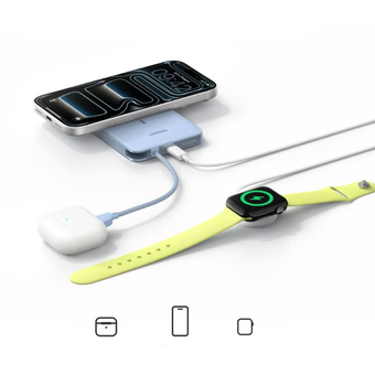  Внешний аккумулятор UGREEN PB570 (65839B) MagFlow Air Ultra-Slim 30W Magnetic 10000mAh Wireless Power Bank USB-C Cable серебристо-голубой 
