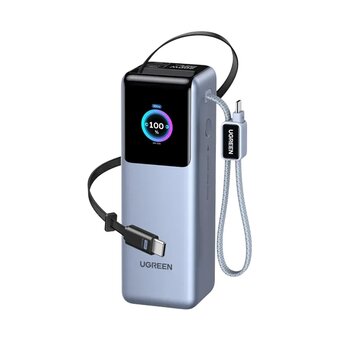  Внешний аккумулятор UGREEN PB728 (75702B) 200W Power Bank 25000mAh с двумя встроенными кабелями USB-C (ССС) серый 