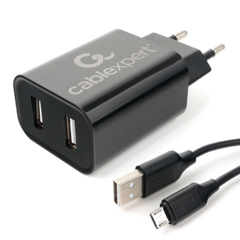  Адаптер питания Cablexpert MP3A-PC-35 USB 2 порта, 2.4A, черный + кабель 1м micro 