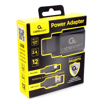  Адаптер питания Cablexpert MP3A-PC-35 USB 2 порта, 2.4A, черный + кабель 1м micro 