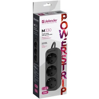  Удлинитель с заземлением Defender M330 3.0 м, 3 розетки, черный (99322) 