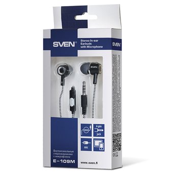  Наушники Sven внутриканальные с микрофоном E-109M, чёрный-серый 
