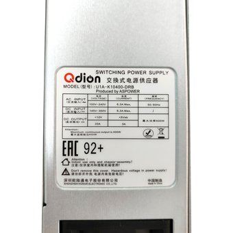  Блок питания Qdion U1A-K10400-DRB 1U Slim 400W (50.5*40*196mm), 80+ Golg, Oper.temp 0C-50C, AC/DC dual input 