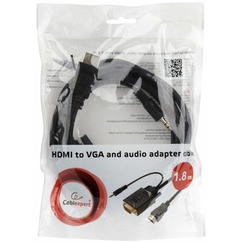  Конвертер HDMI-1.4a (папа) - D-SUB/VGA (папа) + Audio stereo (mini-jack 3.5 mm), встр. кабель 1,8 м, чёрный, позол. разъёмы, Cablexpert A-HDMI-VGA-03- 