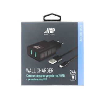  СЗУ 2 USB, 2,4A + Дата-кабель micro USB, 1м, черное, VSP (BoraSCO) 