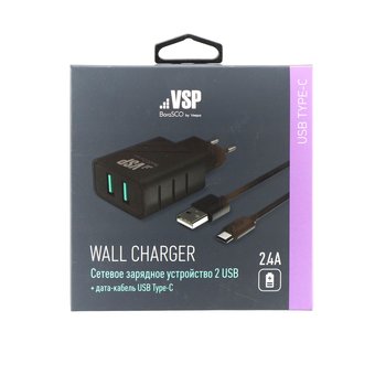  СЗУ 2 USB, 2,4A + Дата-кабель Type-C, 1м, черное, BoraSCO (VSP) 