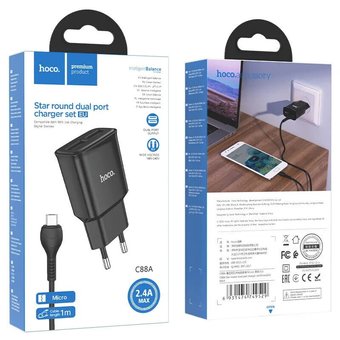  СЗУ HOCO C88A Star round dual port charger set +Type-С, чёрный 