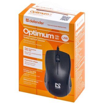  Мышь Defender Optimum MB-160 Black, USB, 2кн+1кл-кн, 1000 dpi, оптическая, проводная 