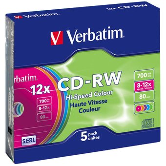  Диск CD-RW Verbatim 700Mb 12x Slim case (5шт) Color (43167) 