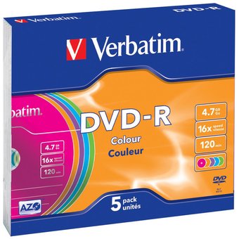  Диск DVD-R Verbatim 4.7Gb 16x Slim Color (5шт) 43557 