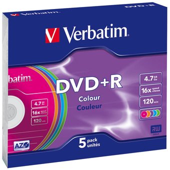  Диск DVD+R Verbatim 4.7Gb 16x Color Slim (5шт) 43556 