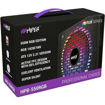  Блок питания HIPER HPB-550RGB (ATX 2.31, 550W, ActivePFC, RGB 140mm fan, Black) BOX 