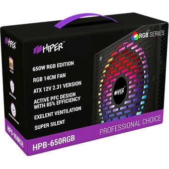  Блок питания HIPER HPB-650RGB (ATX 2.31, 650W, ActivePFC, RGB 140mm fan, Black) BOX 