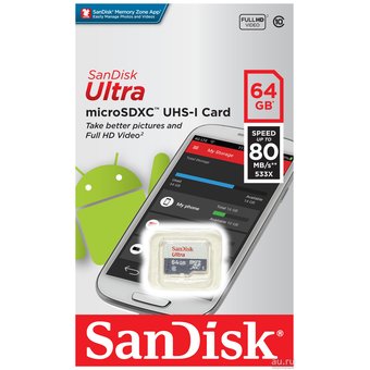  Карта памяти Sandisk microSDXC 64Gb Class10 SDSQUNS-064G-GN3MN Ultra 80 w/o adapter 