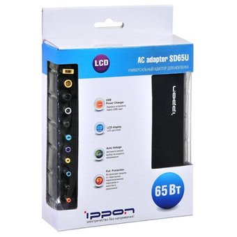  Блок питания Ippon (SD65U Black) автоматический 65W 15V-19.5V 11-connectors 1xUSB 2.1A от бытовой электросети LСD индикатор 
