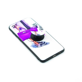  Накладка силиконовая с поп сокетом для Samsung Galaxy A30 (2019) с рисунком "Девушка с фиолетовой сумкой", белый 