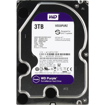  HDD Western Digital WD Purple (WD30PURZ) 3.5" 3.0TB IntelliPower Sata3 64MB 24/7, для систем наблюдения (до 64 камер), AllFrame уменьшает потери кадро 