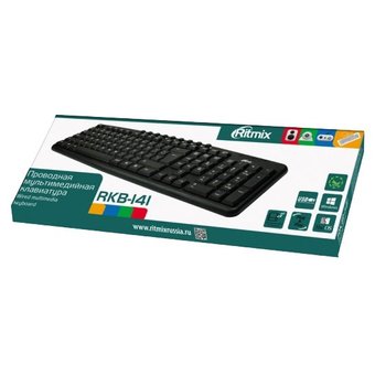  Клавиатура Ritmix RKB-141 Black, Multimedia, USB, Waterproof, 116кн., регулировка угла наклона, кабель: 1,3 м 