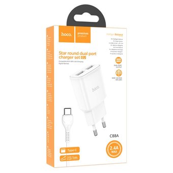  СЗУ HOCO C88A Star round dual port charger set +Lightning , белый 