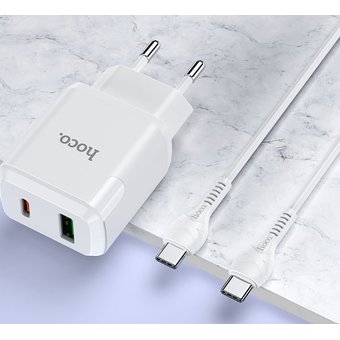  СЗУ Hoco C105A Stage dual port PD20W+QC3.0 charger+Type-C to Type-C, white 