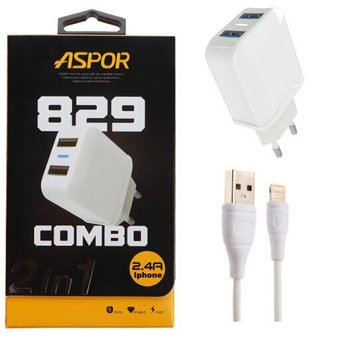  СЗУ Aspor А829 2USB + кабель Lightning (2.4A/IQ) Белый 