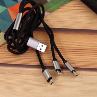  Дата-кабель Aspor AC-20 Micro+Lightning+Type-C тканевый 1,2м чёрный 
