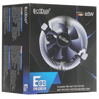  Охладитель PCCooler E80, Multi-Sockets, TPD 65W, 3-pin, fan Ф80mm, 2200rpm, 22dBA, 29.61 CFM, HDB (hydro dynamic bearing), 167 гр. 