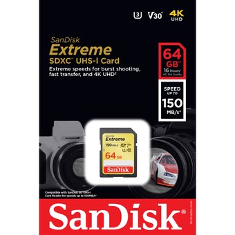  Карта памяти Sandisk SDSDXW6-064G-GNCIN Extreme Plus SDXC Card 64GB, 150MB/s V30 UHS-I U3 