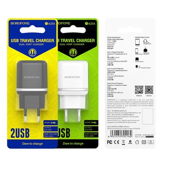  УЦ СЗУ Borofone BA25A 5V/3A 2USB Outstanding dual port + Type-C cable, black (ПУ) 