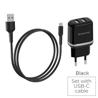  УЦ СЗУ Borofone BA25A 5V/3A 2USB Outstanding dual port + Type-C cable, black (ПУ) 