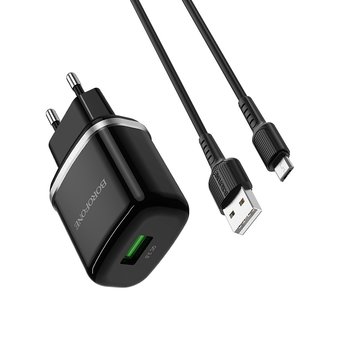  УЦ СЗУ Borofone BA36A High speed single port QC3.0, + Micro cable, black (ПУ) 