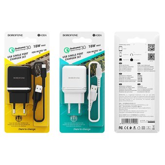  УЦ СЗУ Borofone BA36A High speed single port QC3.0, + Micro cable, black (ПУ) 