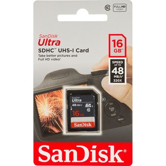  Карта памяти SanDisk SDHC 16GB Class 10 UHS-I Ultra 48MB/s (SDSDUNB-016G-GN3IN) 