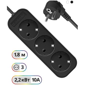  Удлинитель с заземлением Defender M318 1.8 м, 3 розетки, черный (99321) 