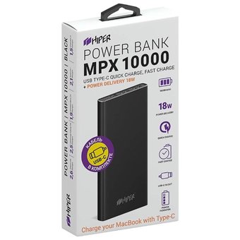  Аккумулятор внешний Hiper MPX10000 Li-Pol 10000mAh 3A+3A+2.4A черный 2xUSB 