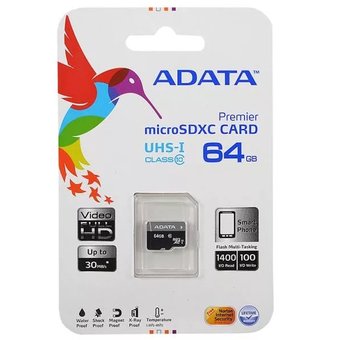  Карта памяти ADATA Micro SDXC 64GB Class10 W/AD AUSDX64GUICL10-RA1 