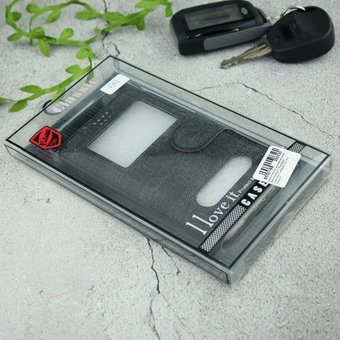  УЦ Чехол-книга универсальный джинсовый с боковым зажимом слайдер 4.0-4.5 чёрный (ПУ) 