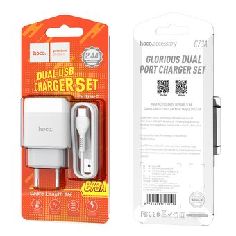  СЗУ HOCO 73A Glorious 2USB +Type-C, 2.4A, белый 
