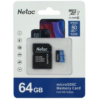  Карта памяти microSDXC Netac P500 (NT02P500STN-064G-R) 64GB (с SD адаптером) 80MB/s 