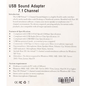  Звуковая карта ASIA USB 8C V USB TRAA71 (C-Media CM108) 2.0 Ret 