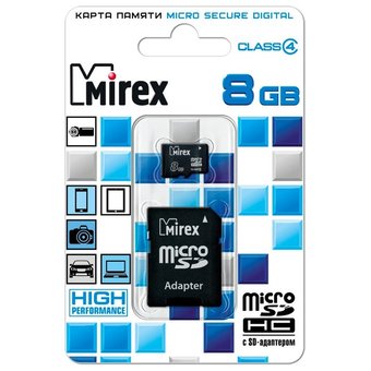  Карта памяти Mirex microSD 8GB microSDHC Class 4 (SD адаптер) (13613-ADTMSD08) 