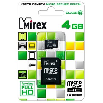  Карта памяти Mirex microSD 4GB microSDHC Class 10 SD адаптер (13613-AD10SD04) 